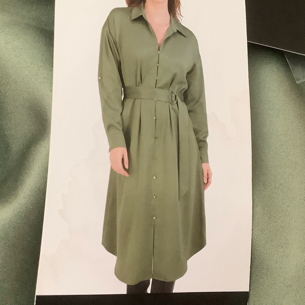 French Connection Women's Long Shirt Dress Size Large Green Olive Button Front